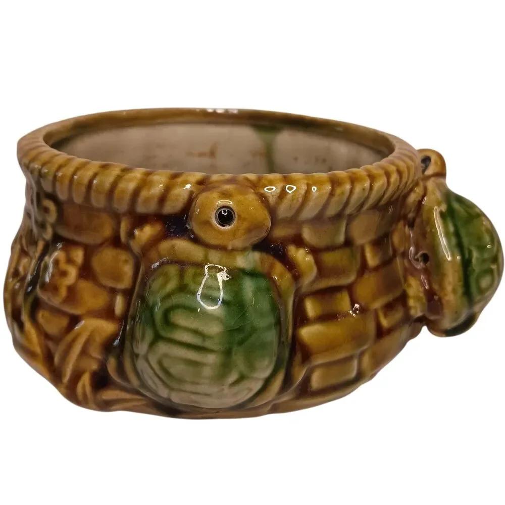 Vintage Ceramic Majolica Round Pottery Planter With Turtles Basket Weave Design